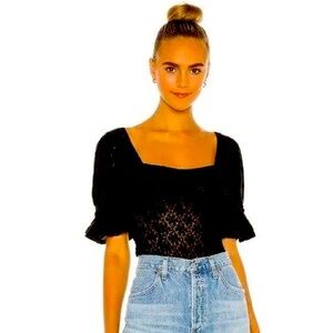 [Free People] Black Spring Fling Lace Crochet Puff Sleeve Ruffle Top Sz Medium M